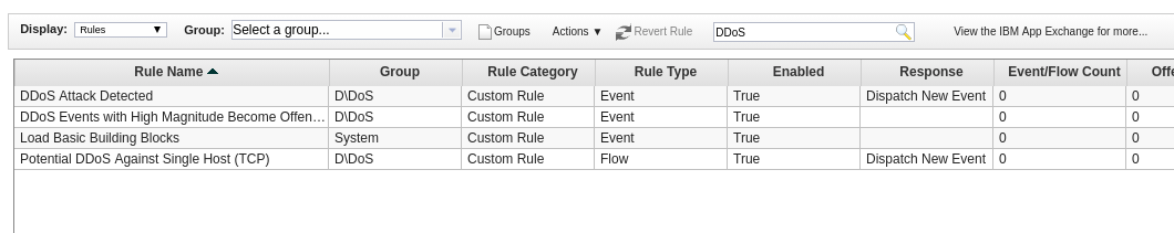 QRadar, filtered rules list