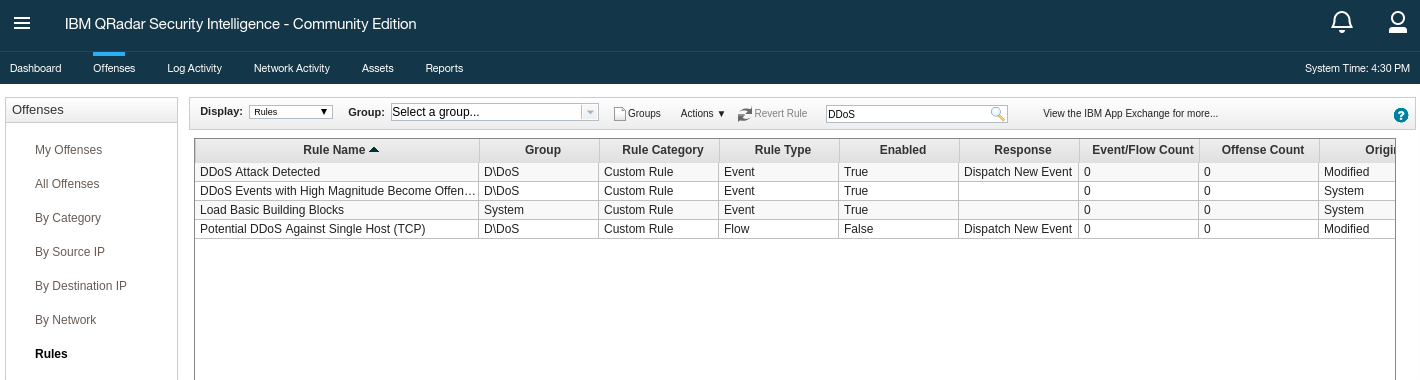 QRadar, filtered rules list showing disabled rule