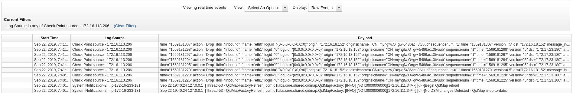 QRadar Log Activity showing logs from Check Point