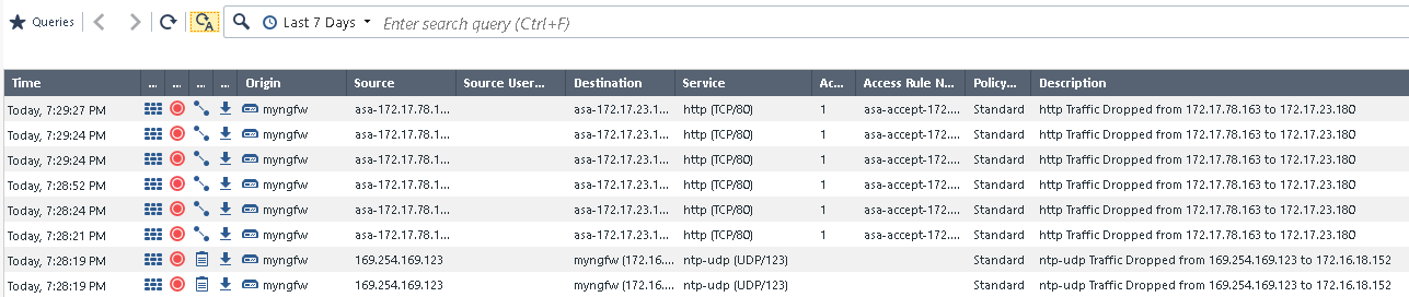 Check Point logs view, violation logs