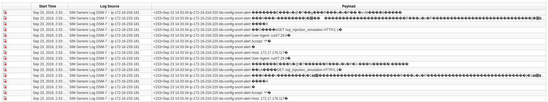 QRadar logs view, showing logs from Snort